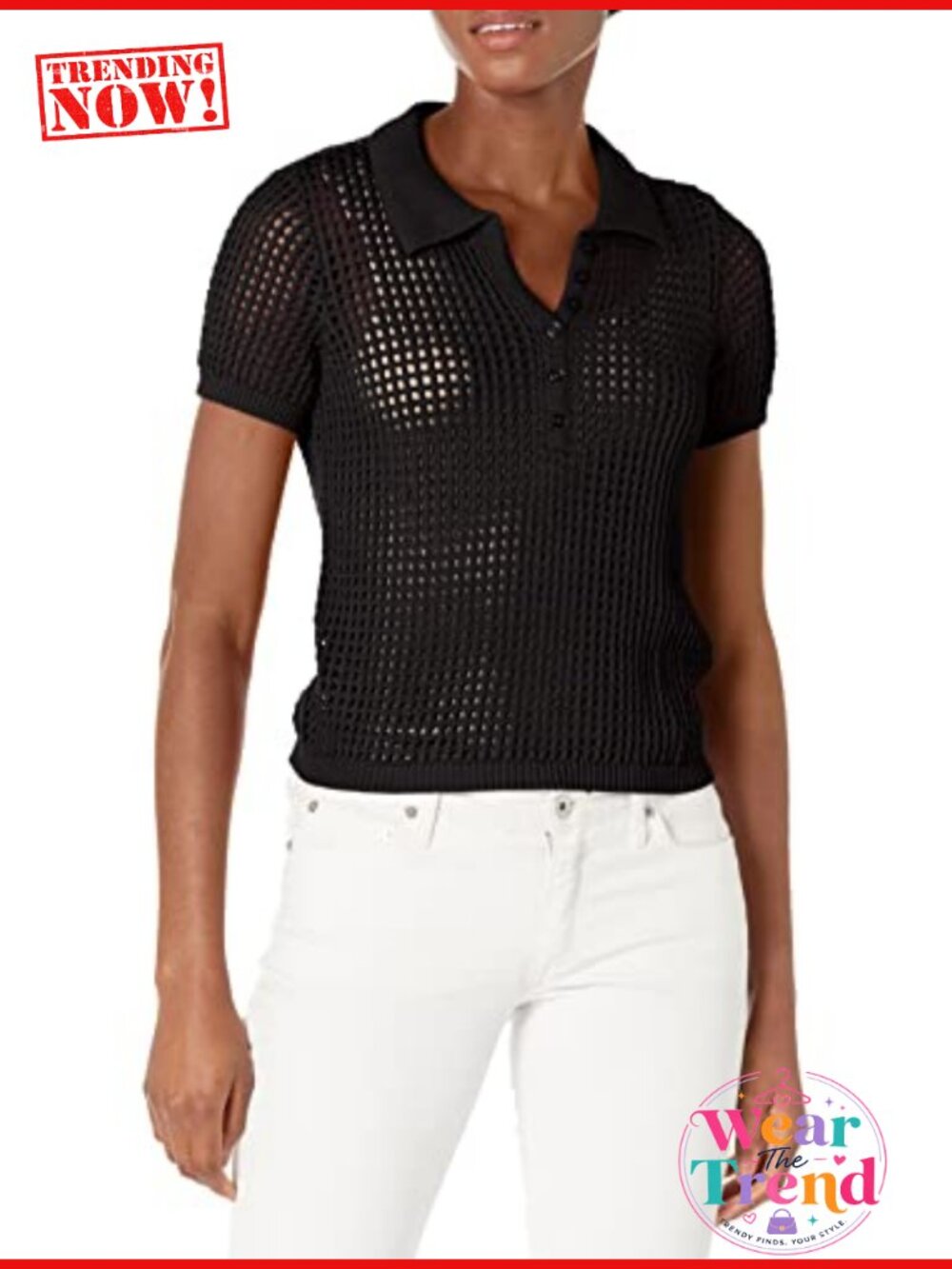 Open Stitch Cap Sleeve Polo Shirt Collared Pullover Cotton Blend